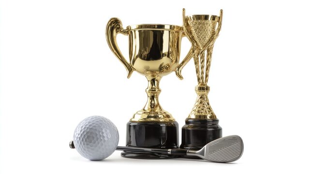 Two gold trophies with a golf ball and golf club in front of them on a white background.