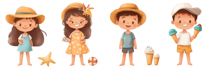 Group of five stylized children in pastel clothing and hats