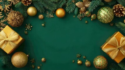 Luxurious Christmas border frame on deep green background with copy space. Flat lay of gold gift boxes, metallic baubles, and festive fir branches for holiday celebration advertising.