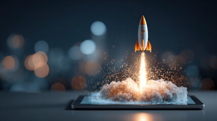 Fototapeta premium Digital Ascent: A symbolic rocket blasts off from a digital tablet, bursting through clouds of vapor. A visual representation of innovation, technological progress, and entrepreneurial vision.