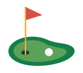 Golf course putting green simple vector illustration featuring a hole, red flag, and ball with clean flat design