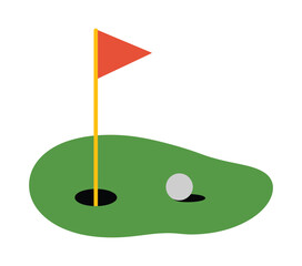 Golf course putting green simple vector illustration featuring a hole, red flag, and ball with clean flat design