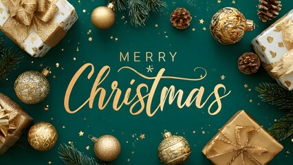 Elegant Merry Christmas background with golden calligraphy, surrounded by luxury gift boxes, festive ornaments, pine branches, and confetti on a deep teal green surface.
