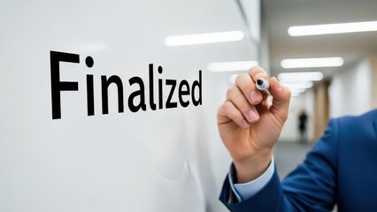 Businessman writing Finalized on a whiteboard, symbolizing completion and agreement.