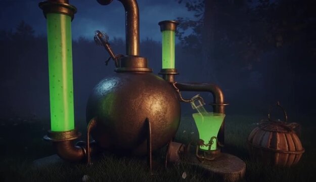 Alchemist's laboratory in a dark forest with glowing potion and mystery vibe environment