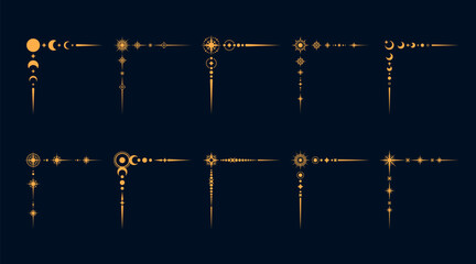 Fototapeta premium Celestial esoteric border corners with mystic and magic symbols, vector set. Corner borders and dividers with golden sun, moon and stars, mystic celestial frames for esoteric Tarot or sacred geometry