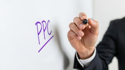 Businessman writing PPC on a whiteboard, illustrating pay-per-click advertising strategy.