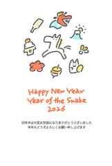 日本の正月の縁起物と白馬のポップな縦型年賀状テンプレート　2026 添え書き