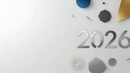 Elegant 2026 New Year Design with Geometric Shapes and Metallic Accents on White Background, creating a festive and modern celebratory mood