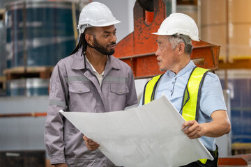 Construction collaboration engineers discuss project plans in industrial warehouse environment
