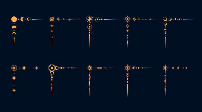 Celestial esoteric border corners with mystic and magic symbols, vector set. Corner borders and dividers with golden sun, moon and stars, mystic celestial frames for esoteric Tarot or sacred geometry