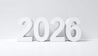 3D numerals “2026” standing on reflective white surface with soft shadows and light gray background.