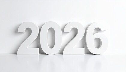 3D numerals “2026” standing on reflective white surface with soft shadows and light gray background.