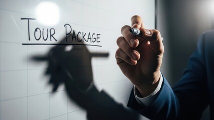 Businessman writing Tour Package on a whiteboard, highlighting travel and business concepts.