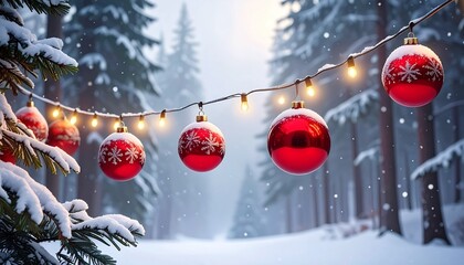 Six red Christmas ornaments with snow hanging from lights over snowy forest with falling snowflakes.