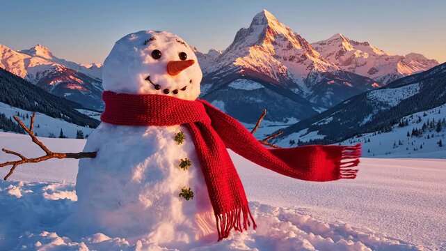 A cheerful snowman wearing a vibrant red scarf in a pristine snow-covered alpine landscape under a bright winter sky, embodying the pure joy and magic of the festive season