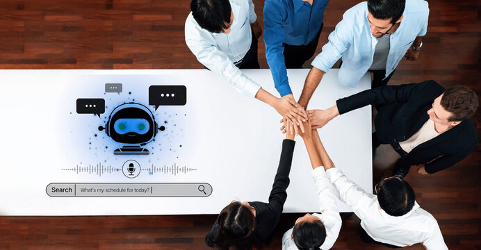 A diverse team of professionals collaborates in a modern office setting, utilizing a robot assistant for voice interaction and digital scheduling during their brainstorming session. Trope - Powered by Adobe