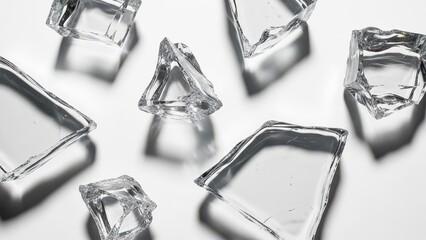 Clear Ice Cubes Scattered on a White Background with Subtle Shadows.