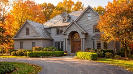 Elegant family home surrounded by vibrant autumn foliage and a pristine driveway