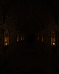 Fototapeta premium Mysterious dark corridor illuminated by flickering candles casting eerie shadows an ancient