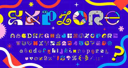 Trippy y2k font, modern geometric brutal typeface letters. Cartoon groovy colorful psychedelic alphabet. Vector full abc set of uppercase and lowercase characters, numbers and punctuation symbols © Buch&Bee
