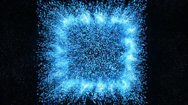 Glowing blue particles rapidly condense into a dense cubic structure before dissolving completely into an empty, blank digital void geometric, dissolving, system