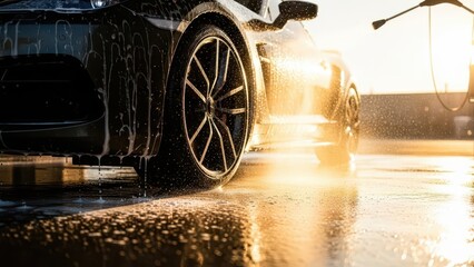 Car being washed with water and soap at sunset.