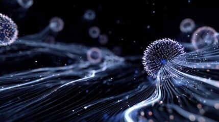 Microscopic Universe of Cells: A captivating view of a microscopic world where cells drift in a sea of radiant particles, unveiling the secrets of life and scientific advancement.