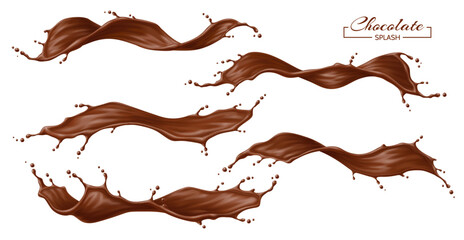 Chocolate drink flow splash and waves set. Realistic 3d vector isolated cocoa dessert swirl drink or flow stream with splatters. Brown coffee streams with drops, liquid splashing with droplets scatter