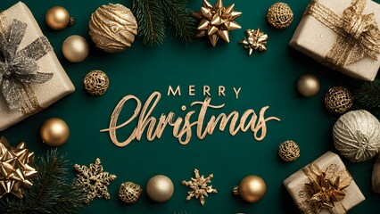 Luxurious Merry Christmas calligraphy text framed by golden ornaments, sparkling gift boxes, and festive evergreen branches on a rich emerald green background.
