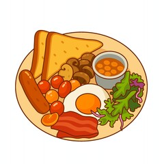 Full Breakfast Plate with Toast, Eggs, Sausage, Bacon, and Vegetables Illustration
