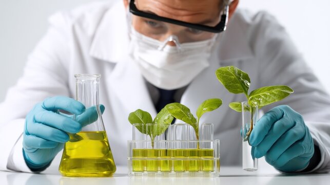 A scientist in a lab coat and protective gear, examining a plant in a test tube, with a green leaf and a yellow liquid in a beaker. - Powered by Adobe