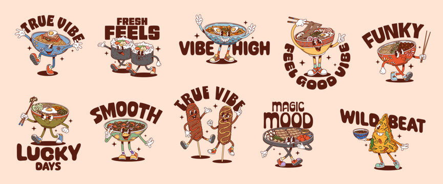 Korean cuisine funny y2k groovy stickers with cartoon asian food characters. Funny noodle soup and rice dish retro y2k vector personage stickers of hippie groovy ramen, corn dog, kimbap sushi rolls