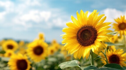 Fototapeta premium A vibrant sunflower field with a clear blue sky and fluffy white clouds in the background.