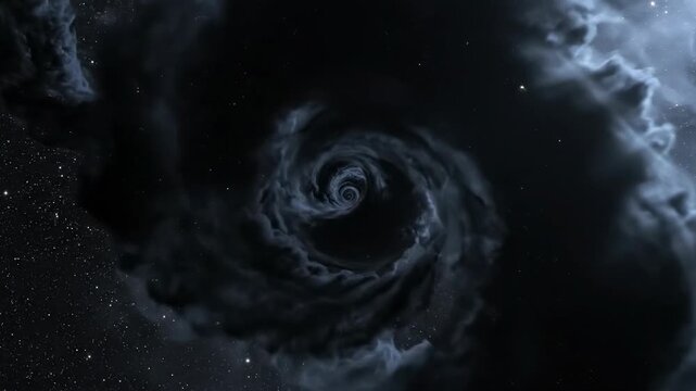 Infinite void of cosmic black matter swirling slowly, creating a mesmerizing abstract deep space background mystery, motion graphics, futuristic
