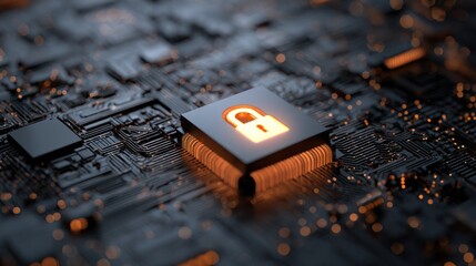 Secure Processor Core: A close-up view of a processor core, illuminated with a glowing lock symbol, representing digital security and data protection in the digital world.