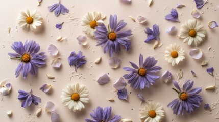 A pattern of purple and white daisies with petals scattered around on a beige background.