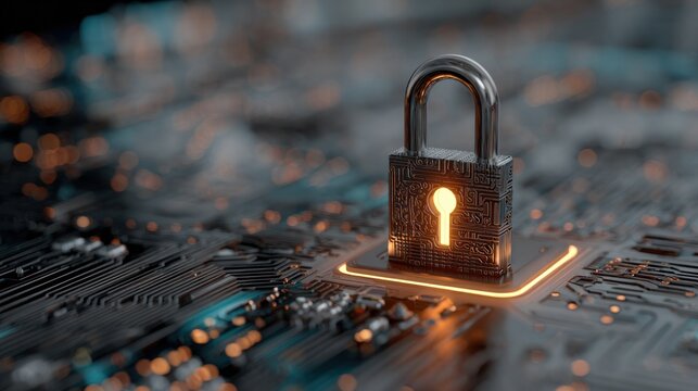 Digital Fortress: A secure digital padlock glows atop a computer's central processing unit (CPU).