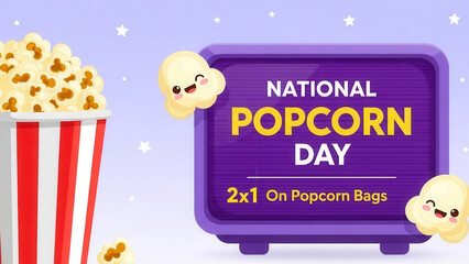 Happy national popcorn day celebration with a large bucket of popcorn and a sign advertising a special offer