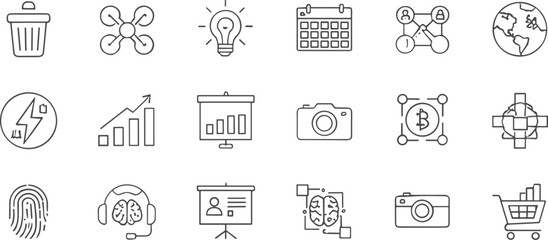 Collection of modern business, technology, and innovation line icons representing analytics, blockchain, artificial intelligence, global connectivity, photography, planning, and digital solutions