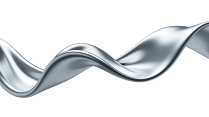 A fluid metallic silver ribbon flowing and twisting in a dynamic wave isolated on transparent background