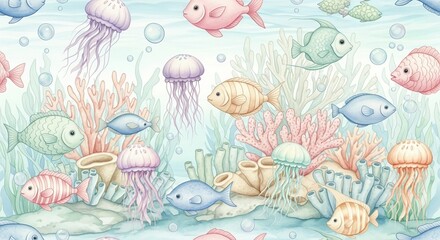 Watercolor ocean scene with colorful fish jellyfish and coral creating a whimsical underwater pattern