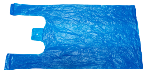 Wrinkled Blue garbage bag isolated on a transparent background. Real High-Density Polyethylene plastic bag. HDPE shopper, plastic waste and pollution.