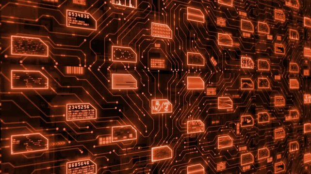 Orange color complex data transfer binary code big data hi tech matrix design black technology background