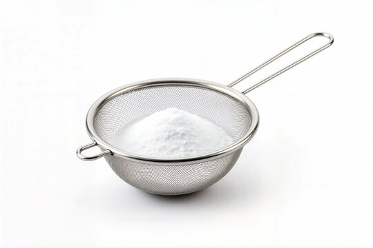 Metal sifter with powdered sugar, suited for baking preparation tools.