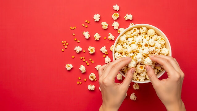 Overhead view of hands reaching into a bowl of popcorn scattered on a vibrant red background - Powered by Adobe