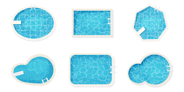 Swimming pool bottom top view with blue water waves texture set. Summer aqua surface with ripples. Collection Spa pool geometrical shapes game texture