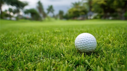 A golf ball on a grassy golf course with a blurred background of trees and sky.