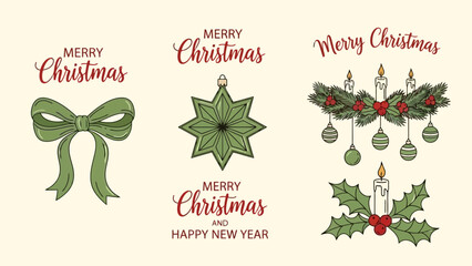 Vintage hand-drawn Christmas decorations collection, featuring festive bows, star ornaments, garlands, and holly with candles, ideal for holiday designs © Asahi