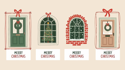 Festive Christmas Doors and Windows Decorated for the Holidays with Wreaths and Lights © Asahi